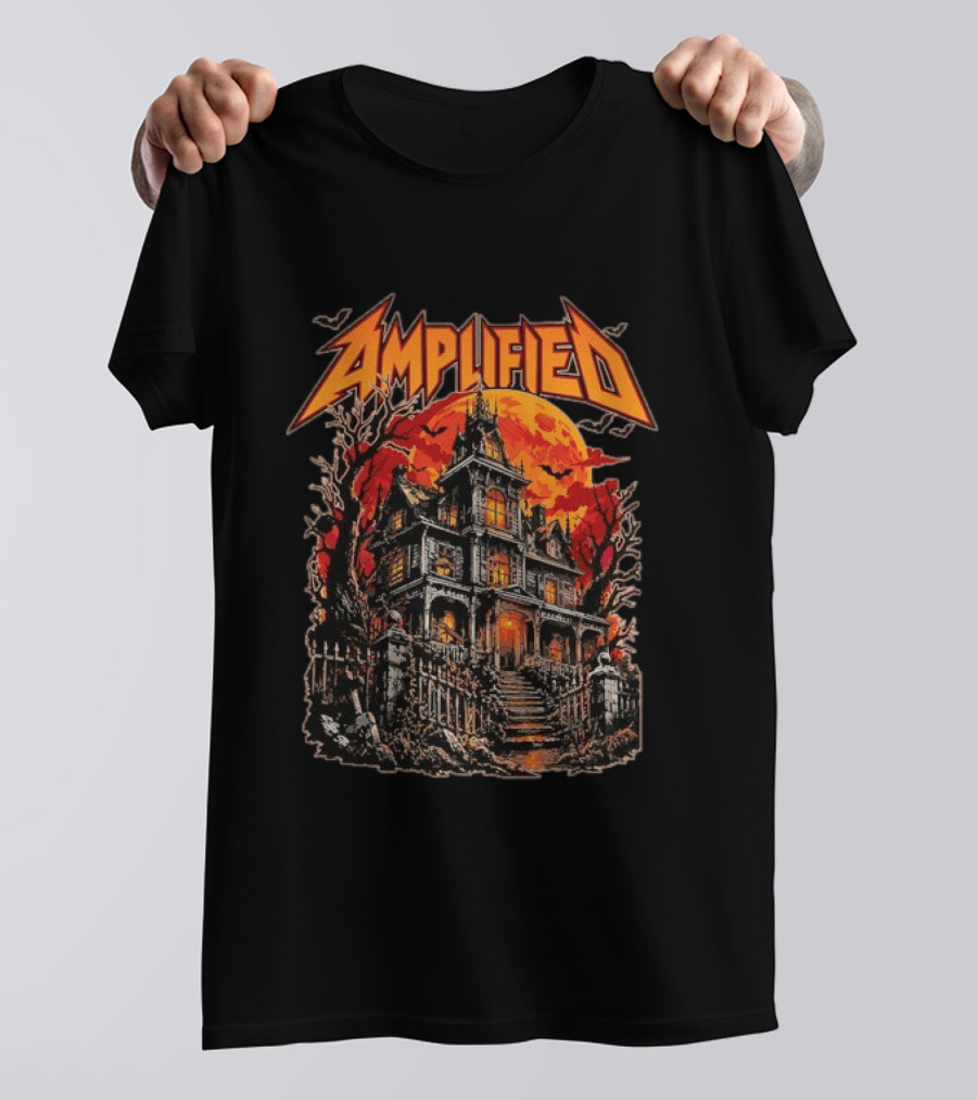 Amplified Haunted House Creepy Mansion With Eerie Full Moon And Dark Trees T-Shirt
