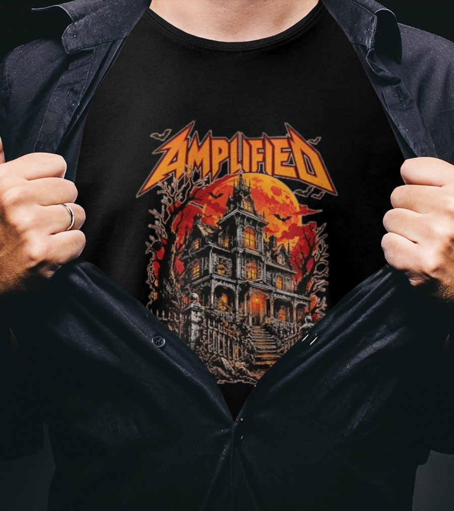 Amplified Haunted House Creepy Mansion With Eerie Full Moon And Dark Trees T-Shirt