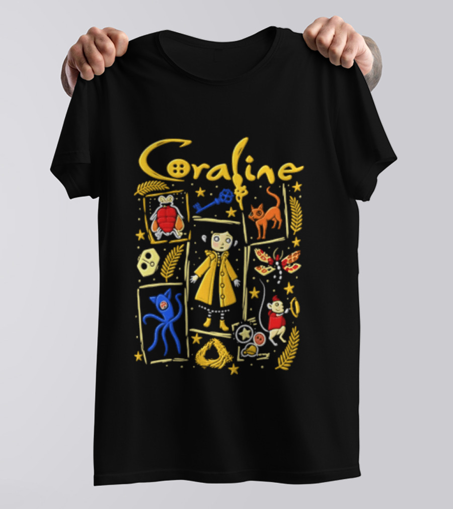 Coraline Characters Key Yellow Coat Cat Other Mother Neil Gaiman T-Shirt