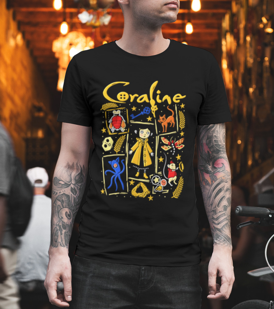 Coraline Characters Key Yellow Coat Cat Other Mother Neil Gaiman T-Shirt
