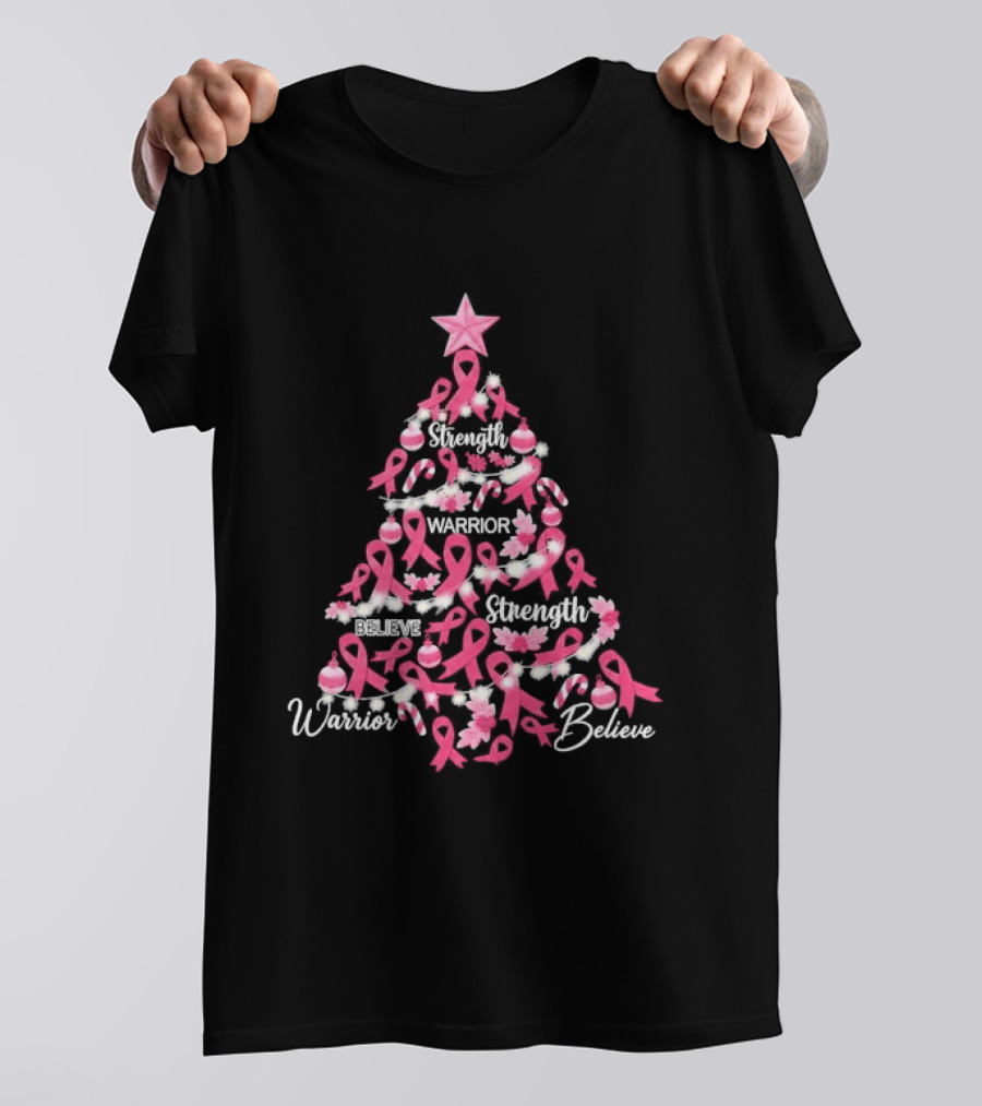 Warrior Strength Believe Breast Cancer Awareness Christmas Tree T-Shirt