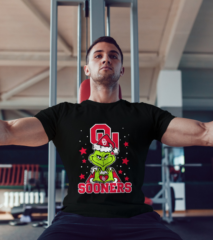 Oklahoma Sooners Grinch Christmas Heart Hands OU Santa Hat T-Shirt
