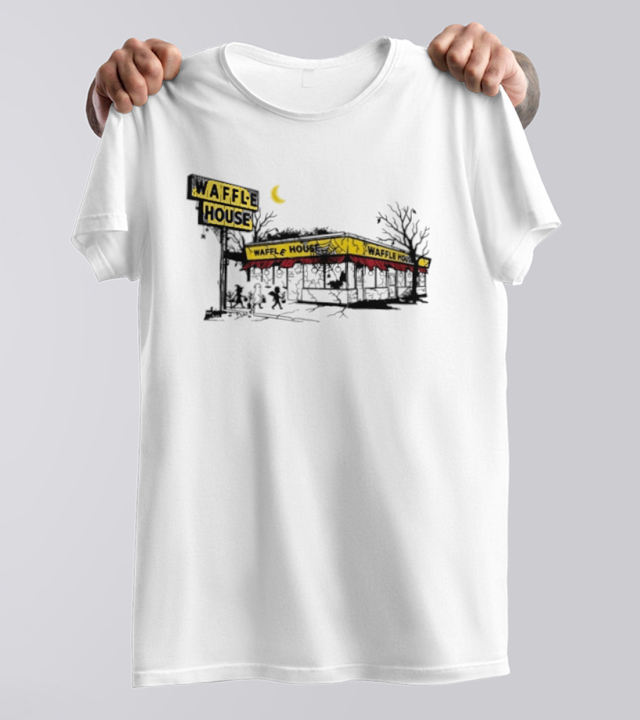 Haunted Waffle House Halloween 2026 Spooky Night Scene With Moon And Trees T-Shirt