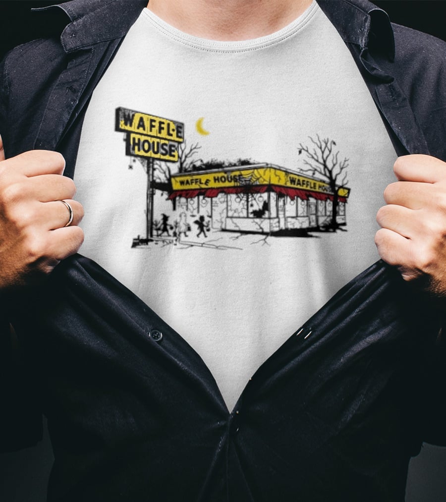 Haunted Waffle House Halloween 2026 Spooky Night Scene With Moon And Trees T-Shirt