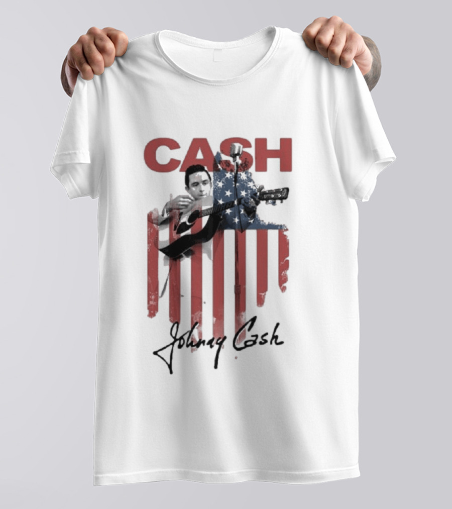 Johnny Cash American Flag Red Guitar Microphone T-Shirt