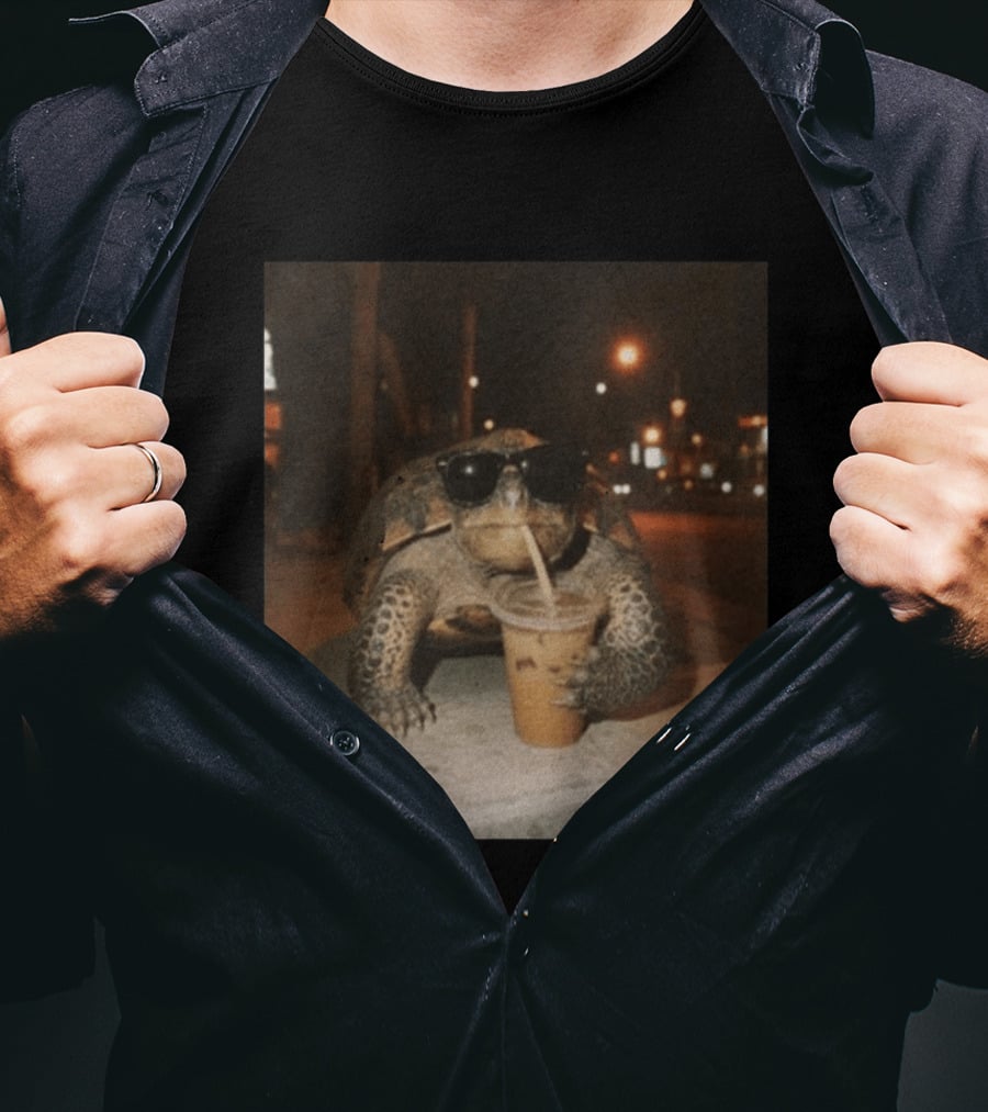 Turtle Wearing Sunglasses Drinking Iced Coffee At Night T-Shirt