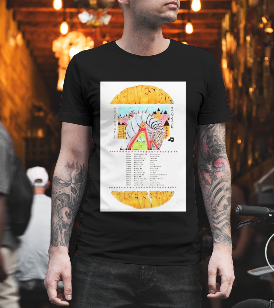 Wednesday UK & Europe 2026 Tour Dates With Colorful Knight Art And Music Note T-Shirt