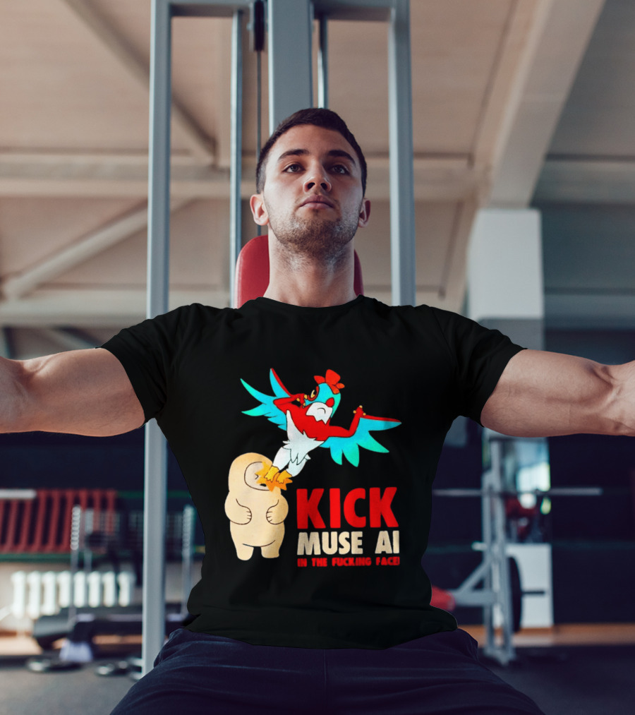 Kick Muse AI In The Face Protest Cartoon Bird Kicking T-Shirt