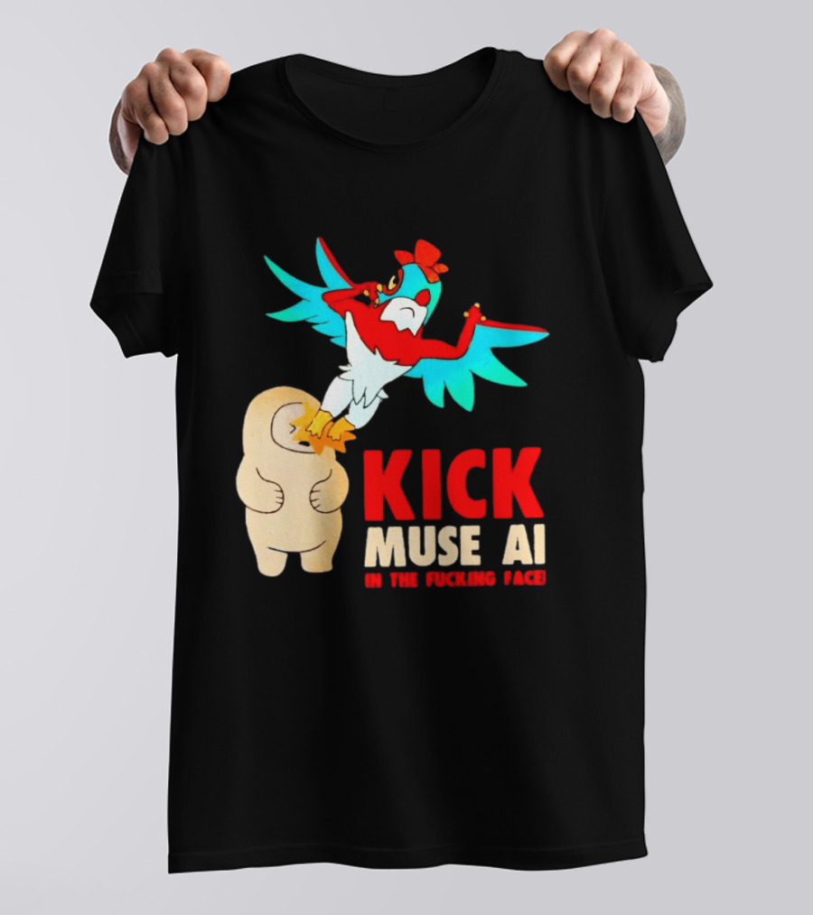 Kick Muse AI In The Face Protest Cartoon Bird Kicking T-Shirt