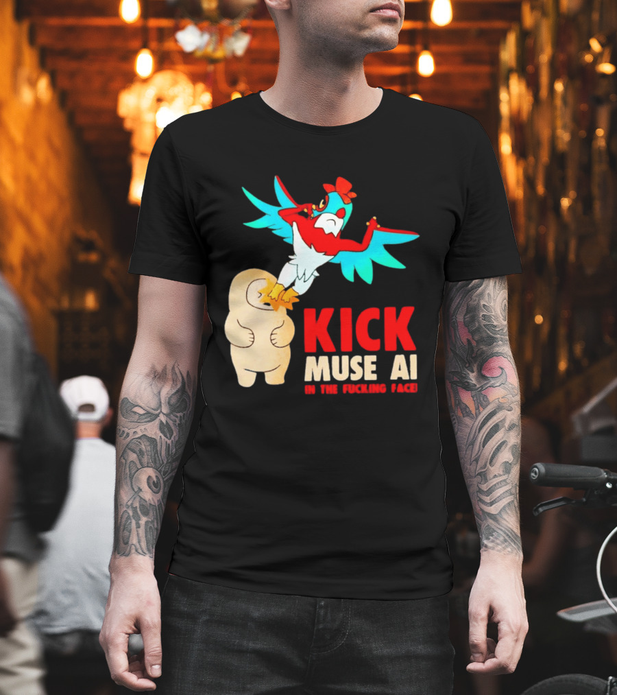 Kick Muse AI In The Face Protest Cartoon Bird Kicking T-Shirt