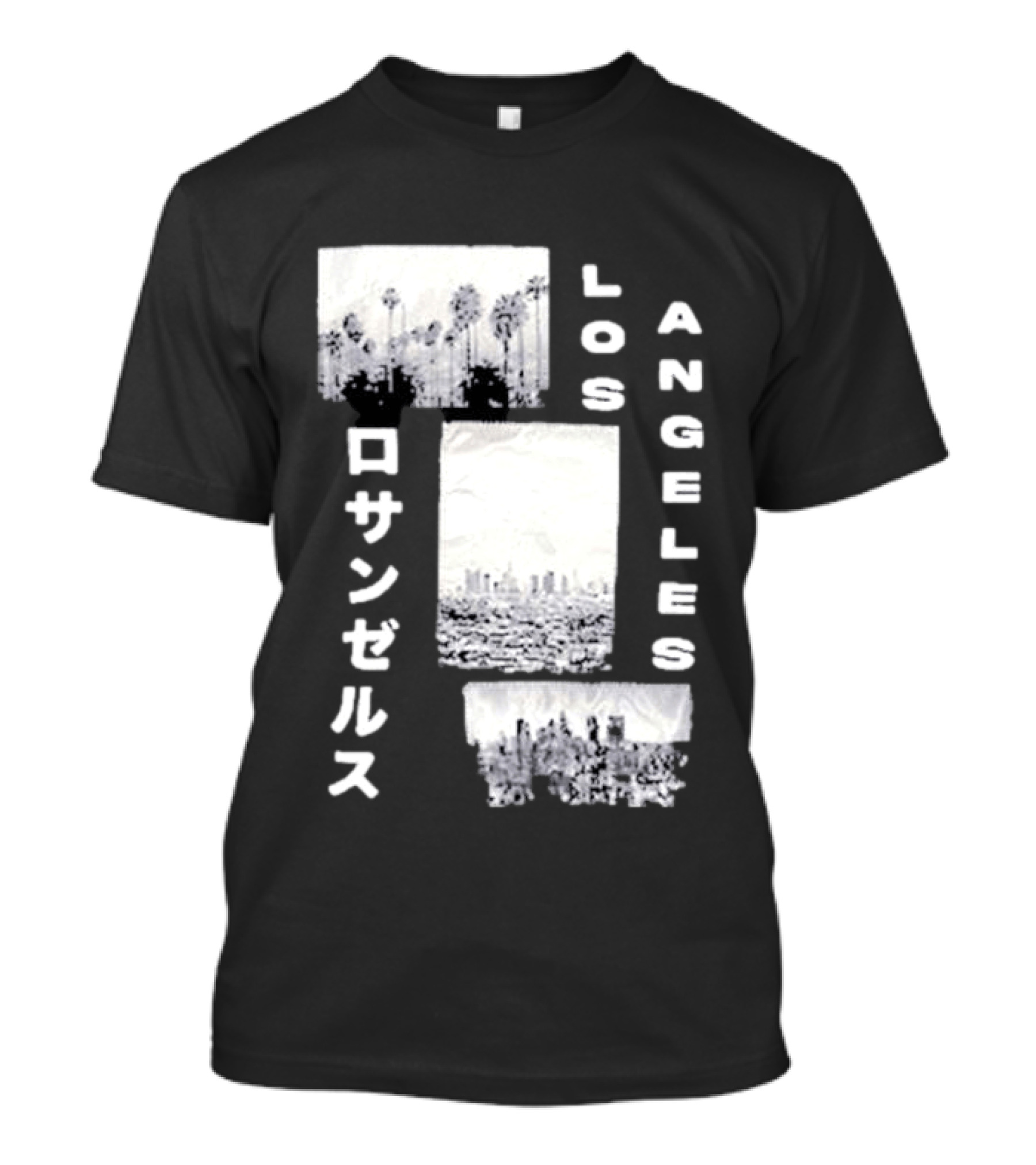 Los Angeles Cityscape With Japanese Text Satin Patch T-Shirt