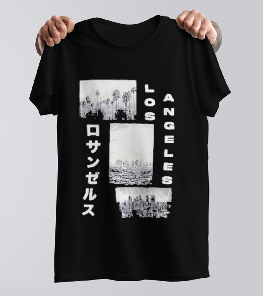 Los Angeles Cityscape With Japanese Text Satin Patch T-Shirt