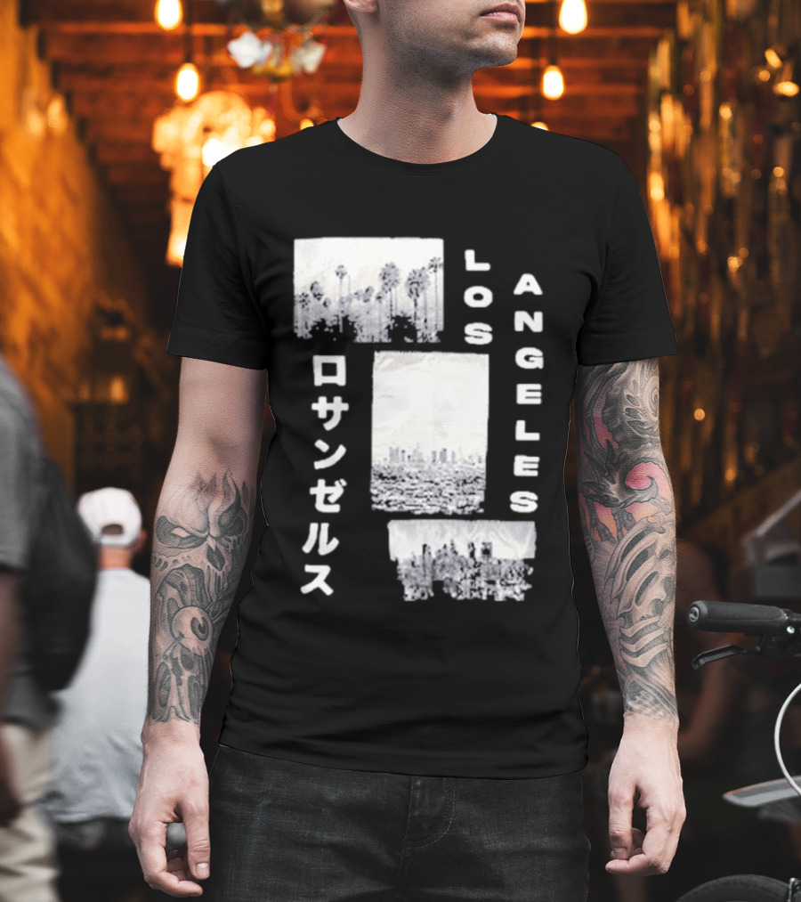 Los Angeles Cityscape With Japanese Text Satin Patch T-Shirt