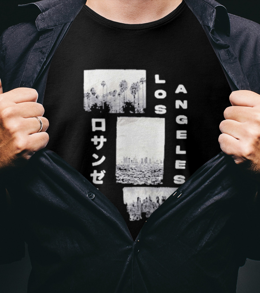Los Angeles Cityscape With Japanese Text Satin Patch T-Shirt