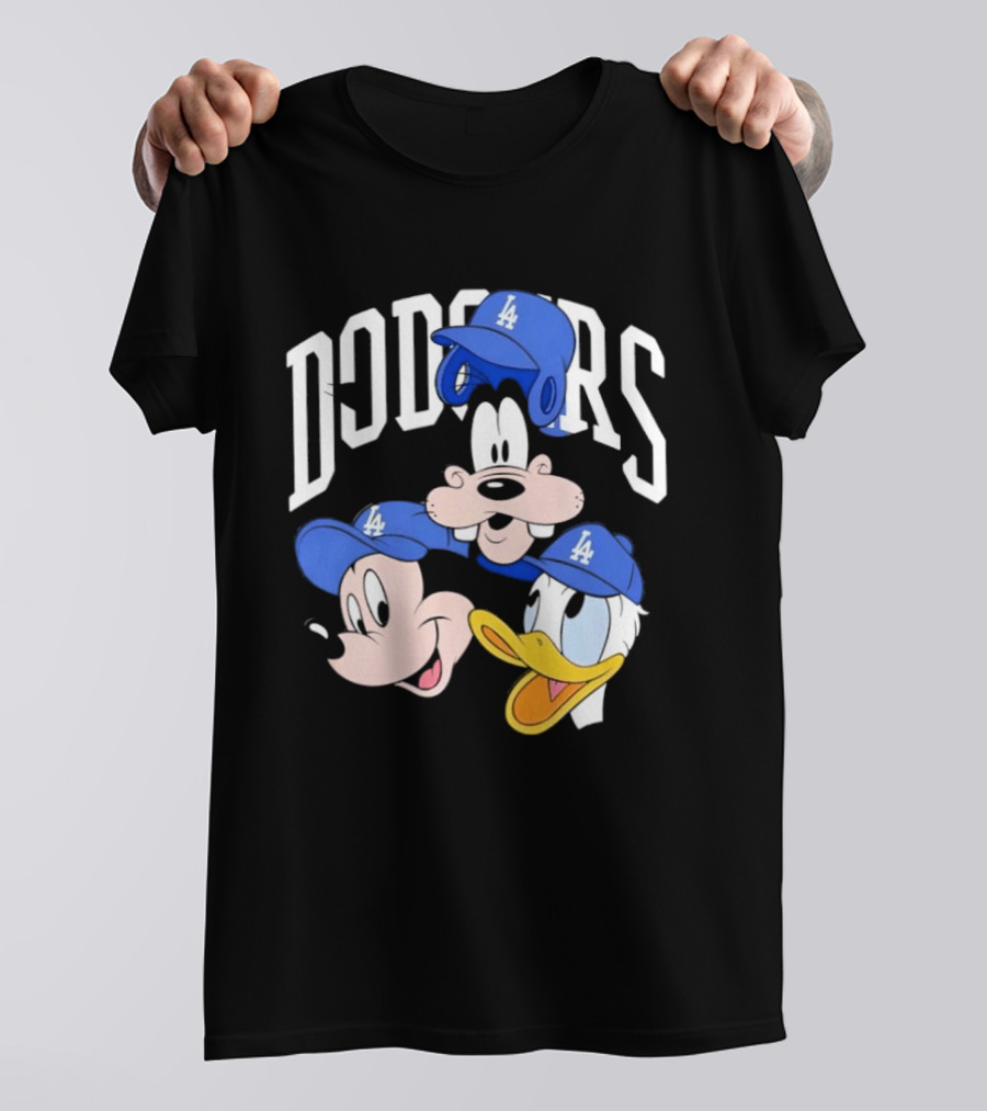 Mickey Mouse Goofy Donald Duck Dodgers Baseball LA Hats T-Shirt