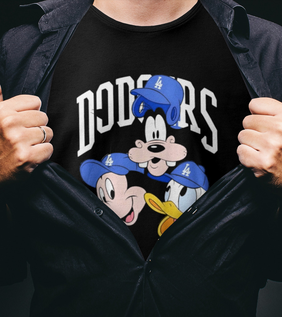 Mickey Mouse Goofy Donald Duck Dodgers Baseball LA Hats T-Shirt
