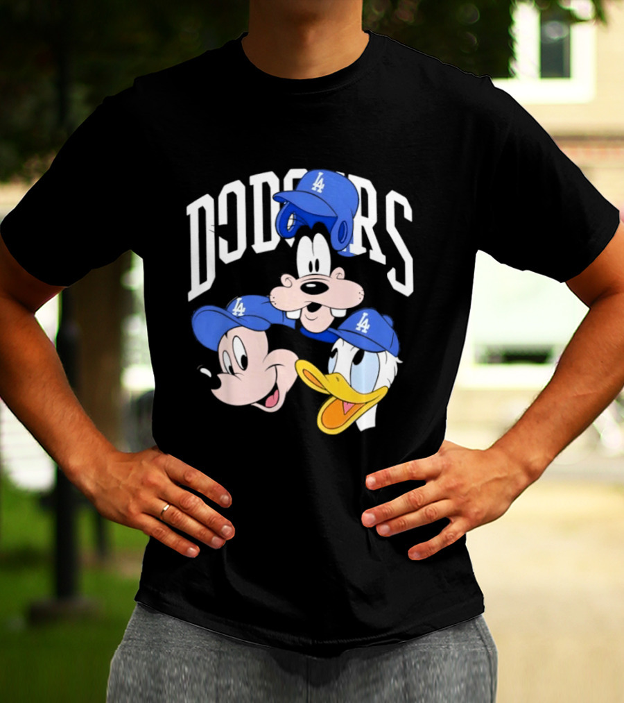 Mickey Mouse Goofy Donald Duck Dodgers Baseball LA Hats T-Shirt
