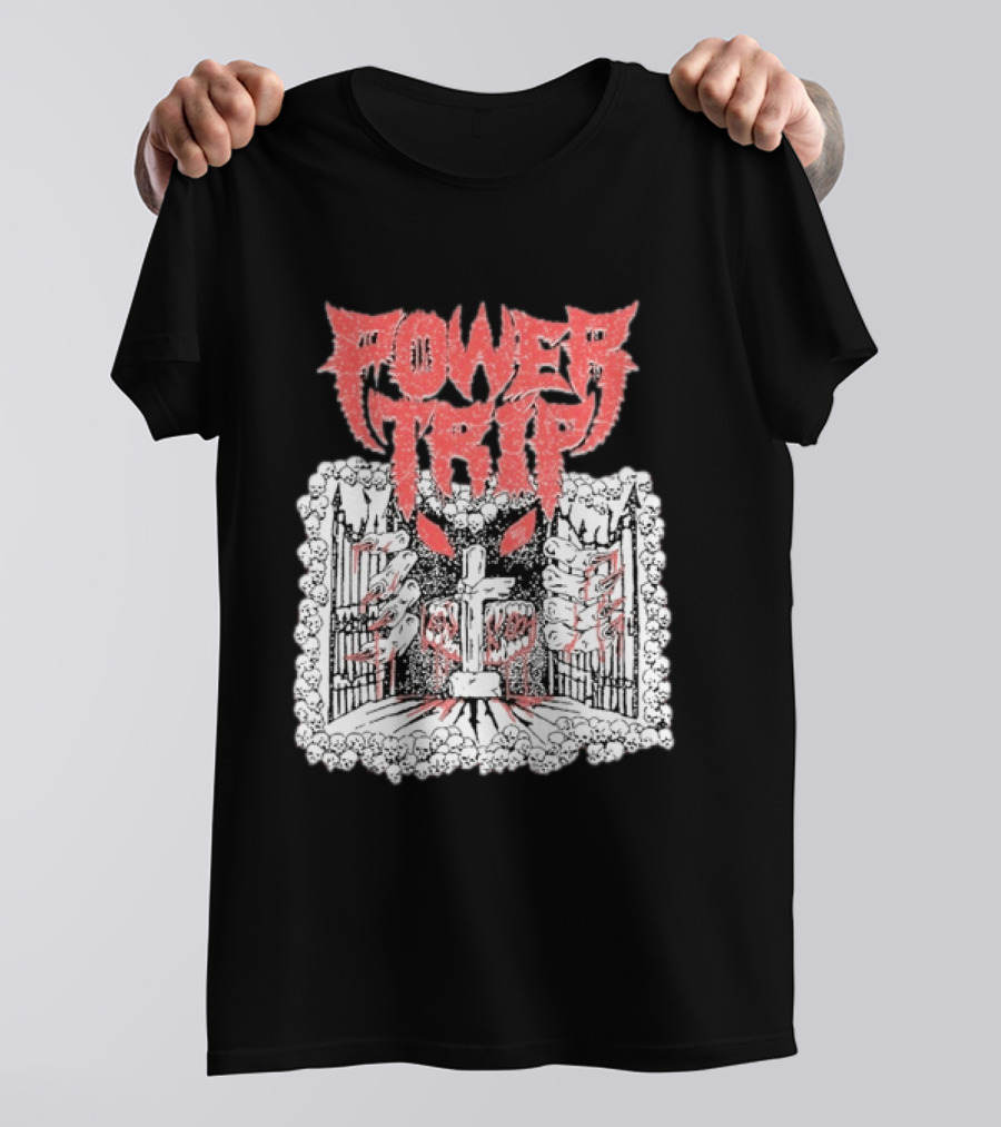 Power Trip Demon Gate Skeleton Cross Red Eyes T-Shirt