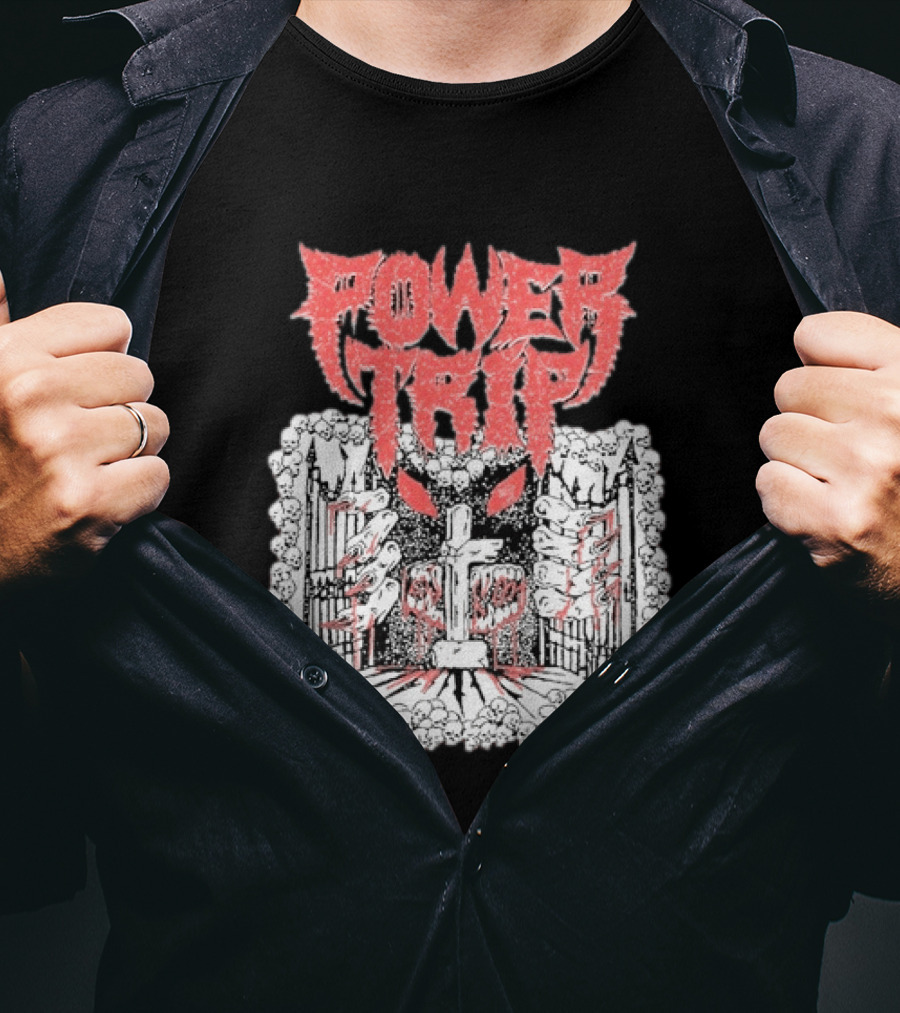 Power Trip Demon Gate Skeleton Cross Red Eyes T-Shirt