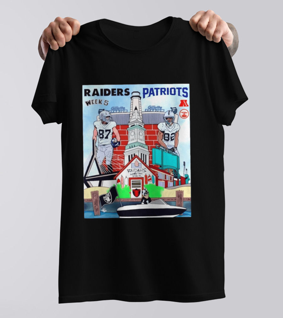 Raiders Patriots Week 5 Gillette Stadium Raidah's Lobstah Shack Football T-Shirt