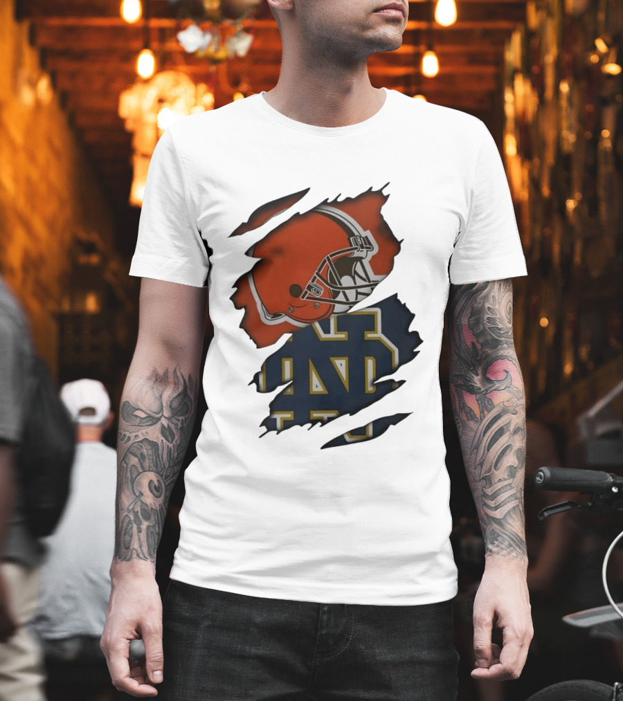 Cleveland Browns Notre Dame Fighting Irish Ripped Helmet ND T-Shirt