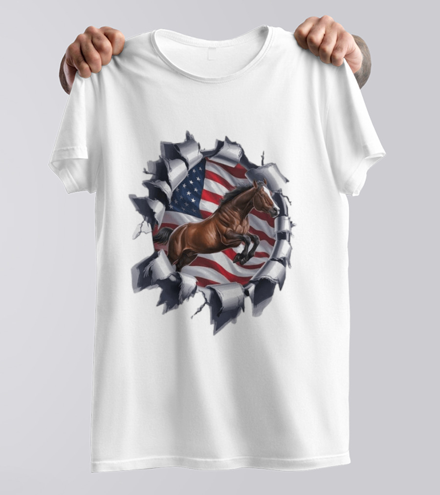 Escaping Horse With American Flag Background 3D Effect T-Shirt