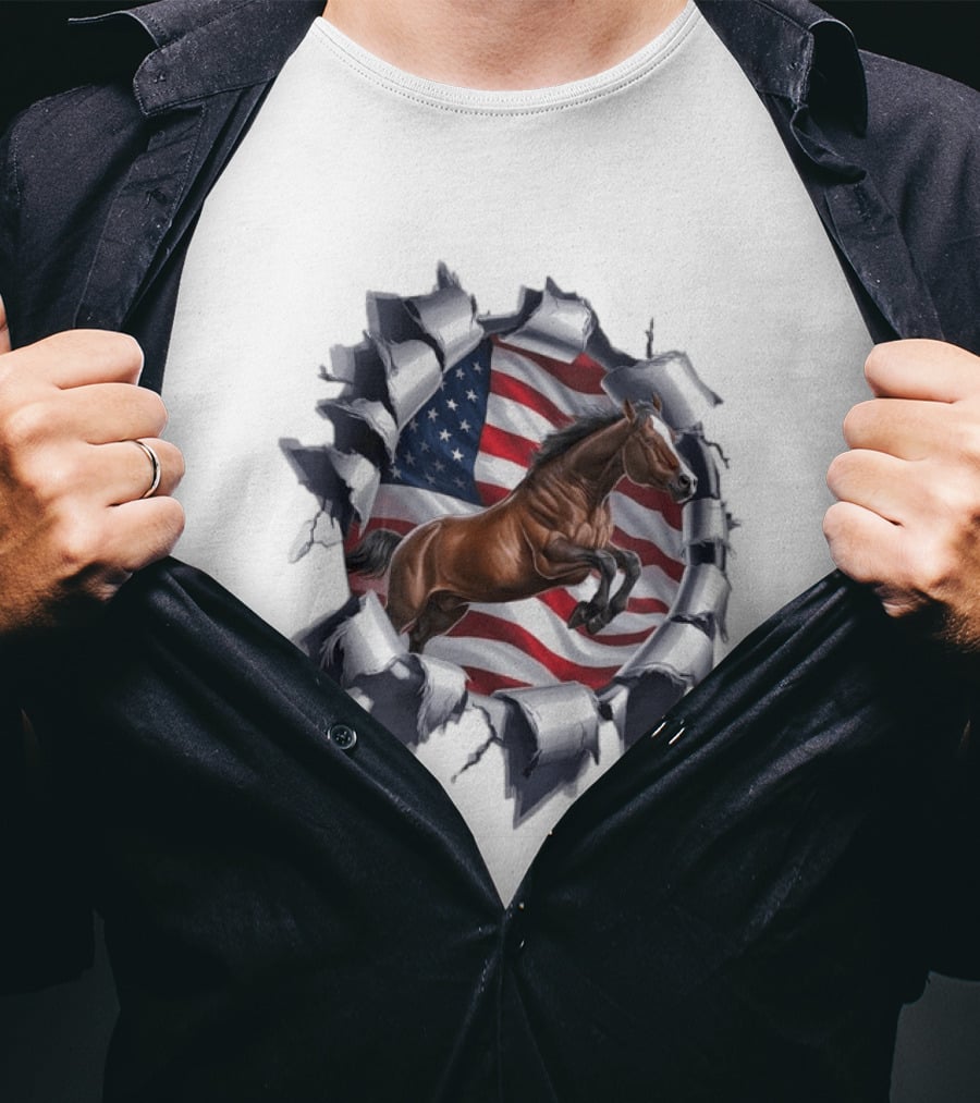 Escaping Horse With American Flag Background 3D Effect T-Shirt