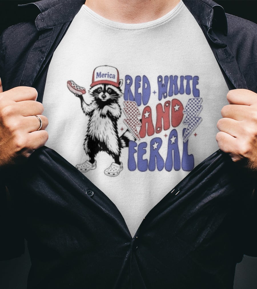 Raccoon Red White And Feral Hot Dog 4th Of July Merica Independence Day T-Shirt