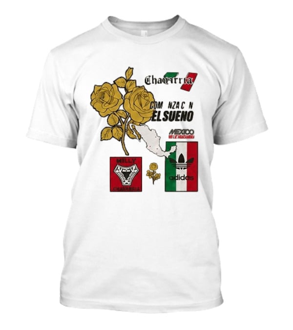 Mexico Willy Chavarria Adidas Comienza Con El Sueno 2026 Collaboration Gold Roses Map Mexican Flag T-Shirt