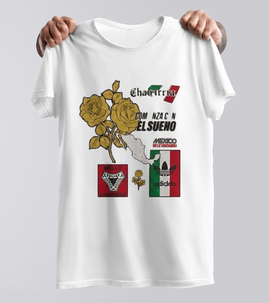 Mexico Willy Chavarria Adidas Comienza Con El Sueno 2026 Collaboration Gold Roses Map Mexican Flag T-Shirt
