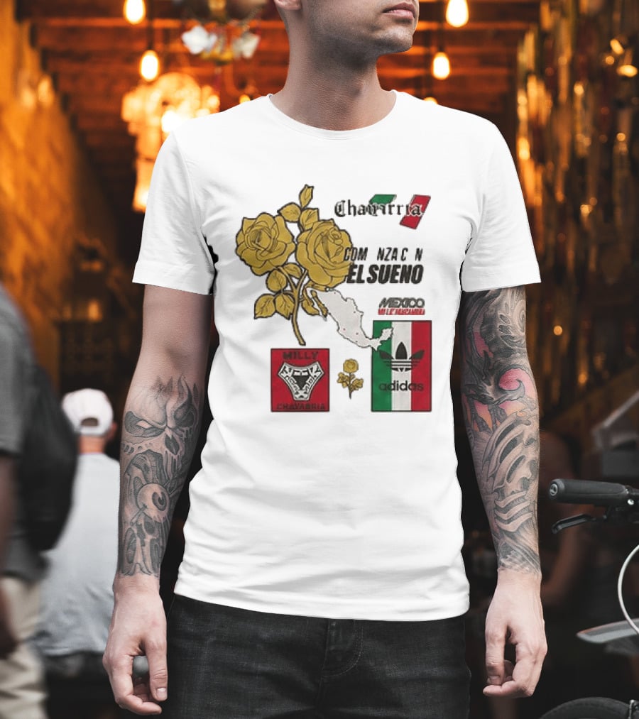 Mexico Willy Chavarria Adidas Comienza Con El Sueno 2026 Collaboration Gold Roses Map Mexican Flag T-Shirt