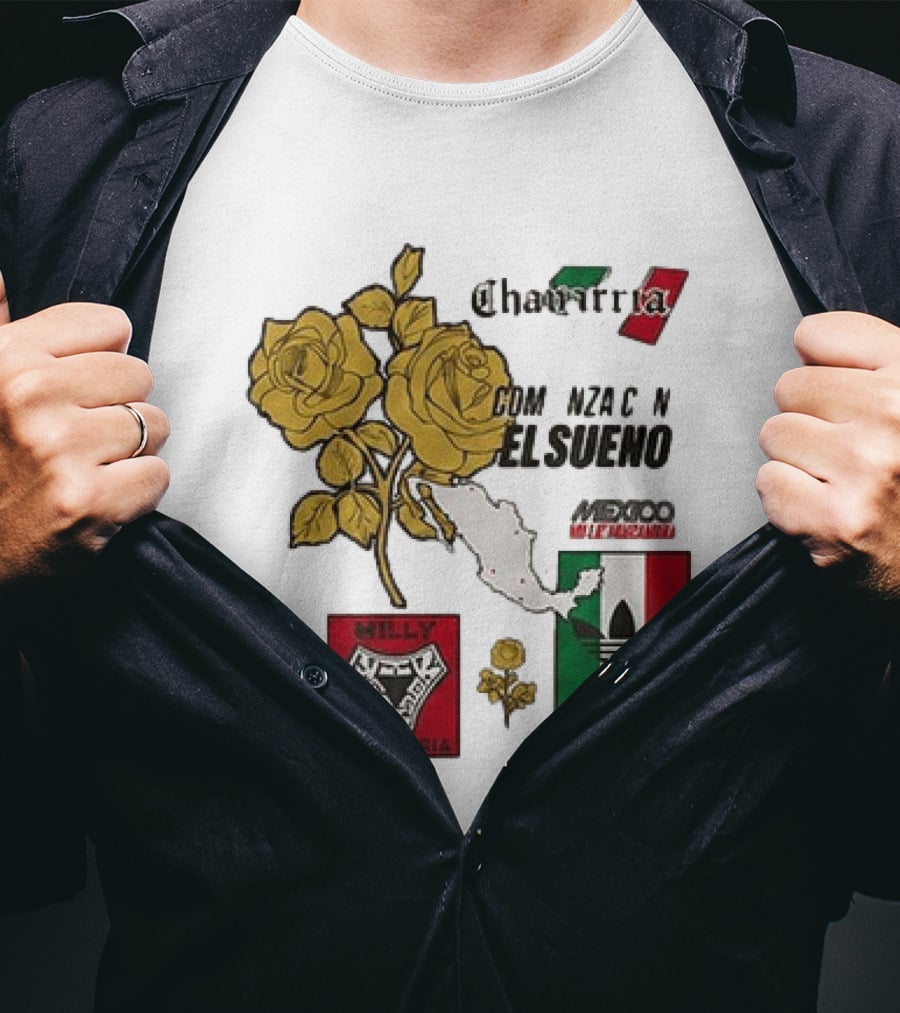 Mexico Willy Chavarria Adidas Comienza Con El Sueno 2026 Collaboration Gold Roses Map Mexican Flag T-Shirt