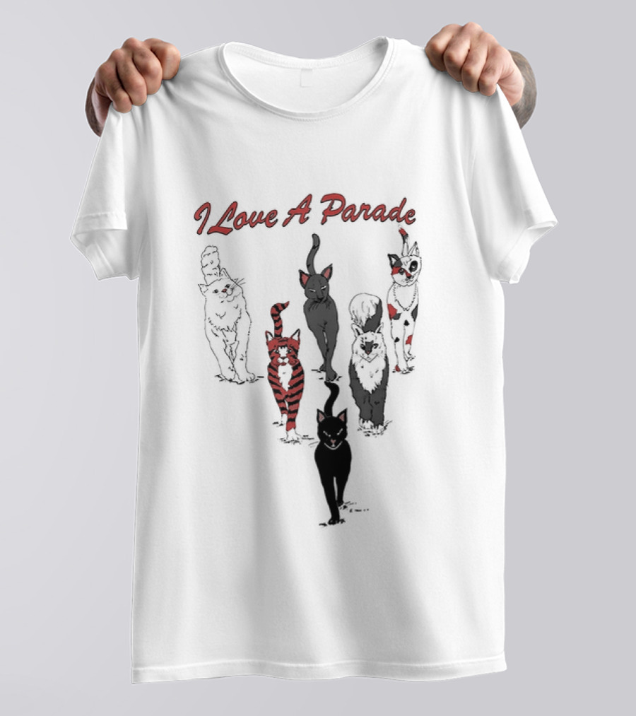 I Love A Parade Walking Cats Black Silhouettes Red Stripes T-Shirt