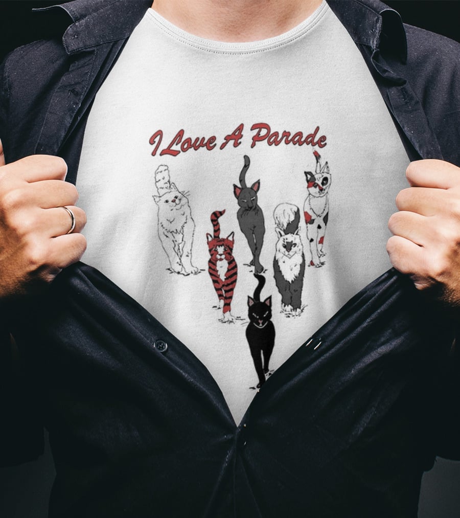 I Love A Parade Walking Cats Black Silhouettes Red Stripes T-Shirt