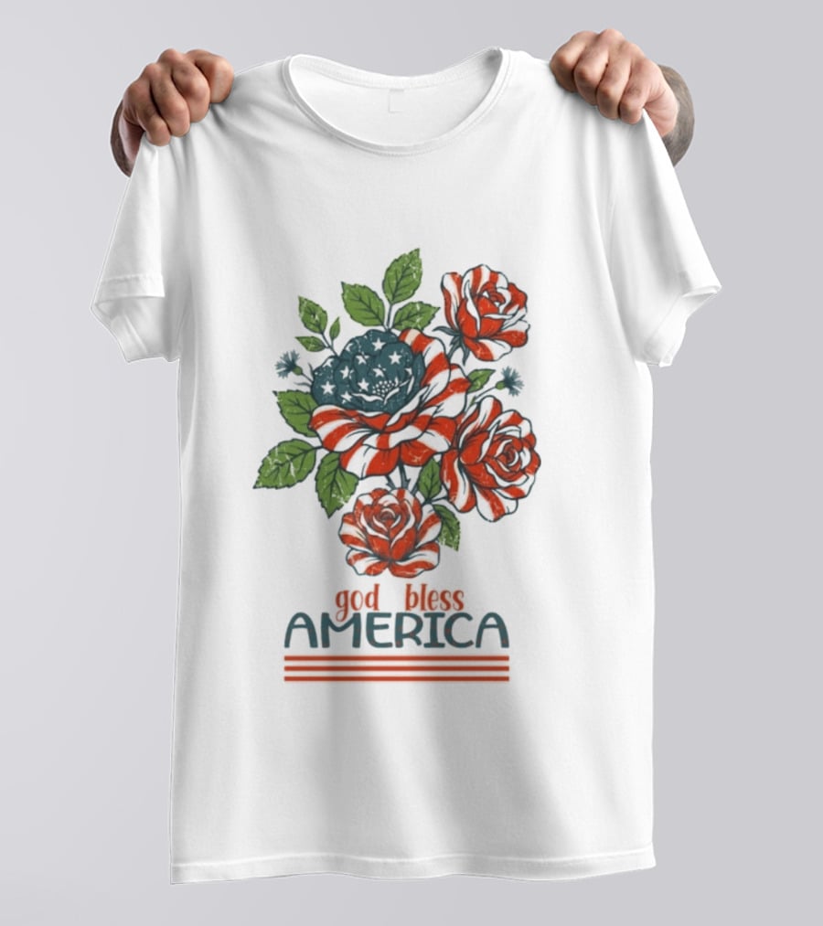 Patriotic Floral God Bless America Roses With Red White Blue Stripes T-Shirt