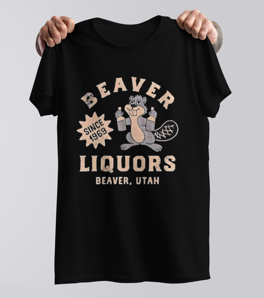 Beaver Liquors Since 1969 Beaver Utah Retro Beaver With Bottles T-Shirt