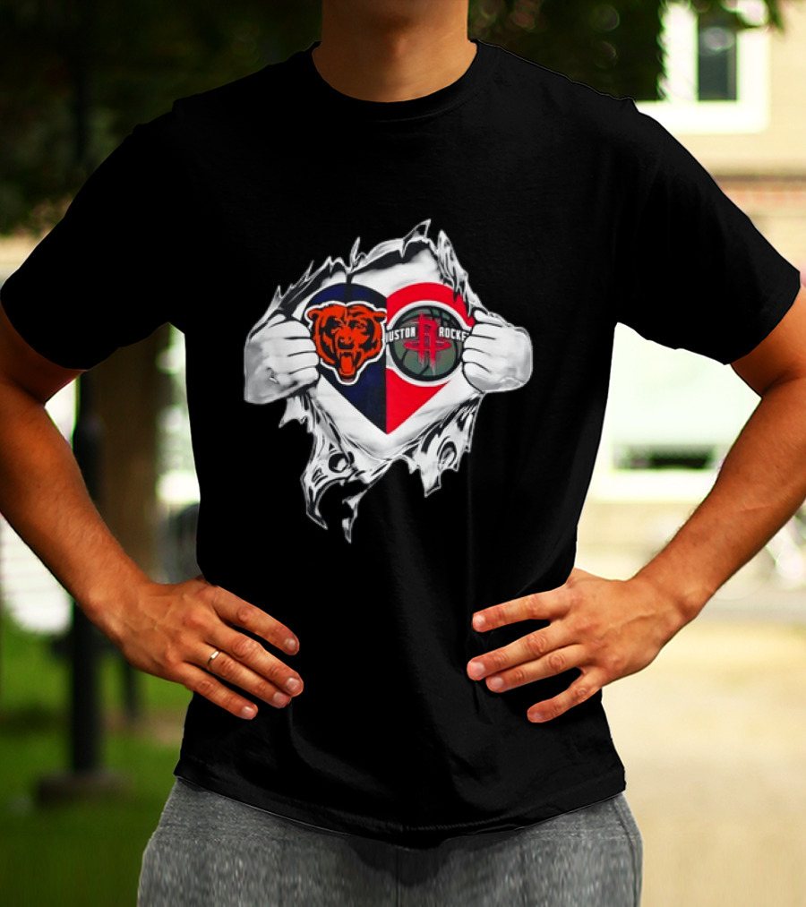 Chicago Bears Houston Rockets Ripped Chest Duo Logo Fan Gear T-Shirt