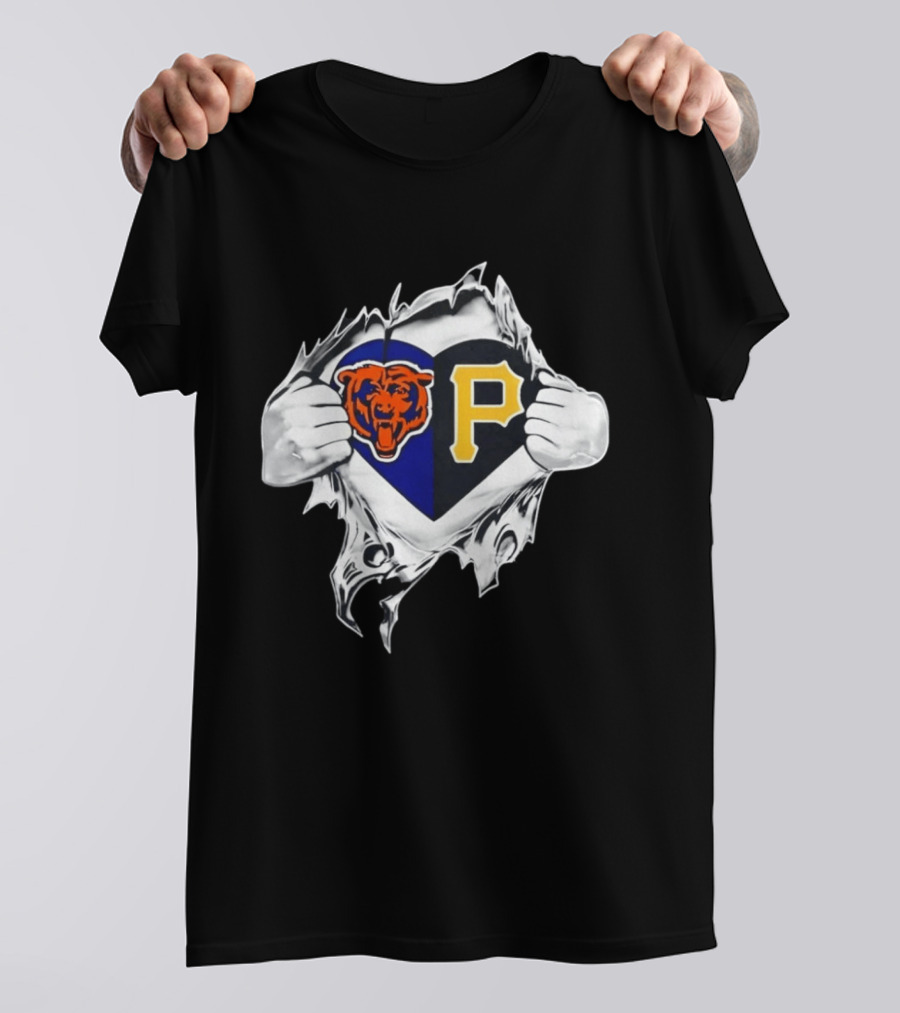 Chicago Bears Pittsburgh Pirates Heart Ripped Open Dual Team Loyalty T-Shirt