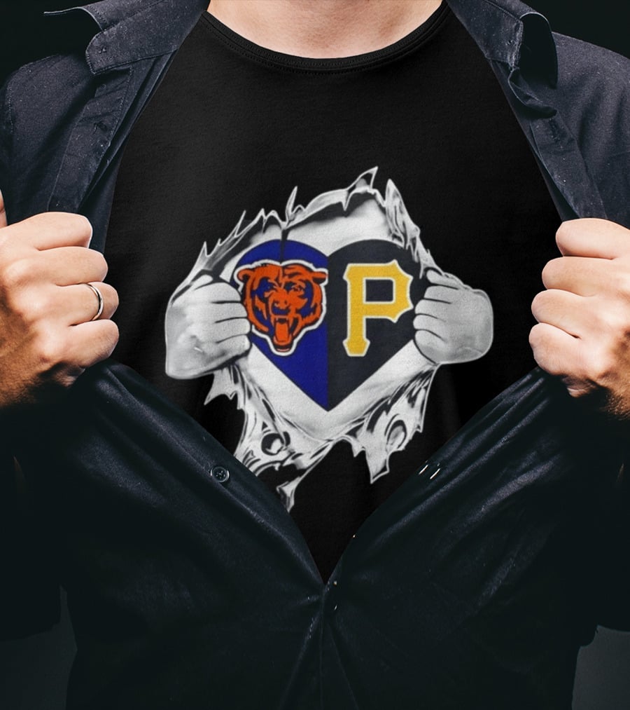 Chicago Bears Pittsburgh Pirates Heart Ripped Open Dual Team Loyalty T-Shirt