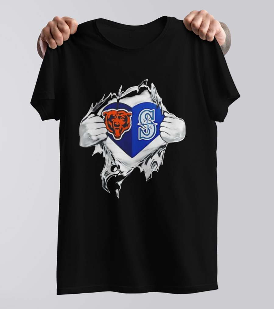 Chicago Bears Seattle Mariners Heart Ripping Through Chest Sports Fan T-Shirt