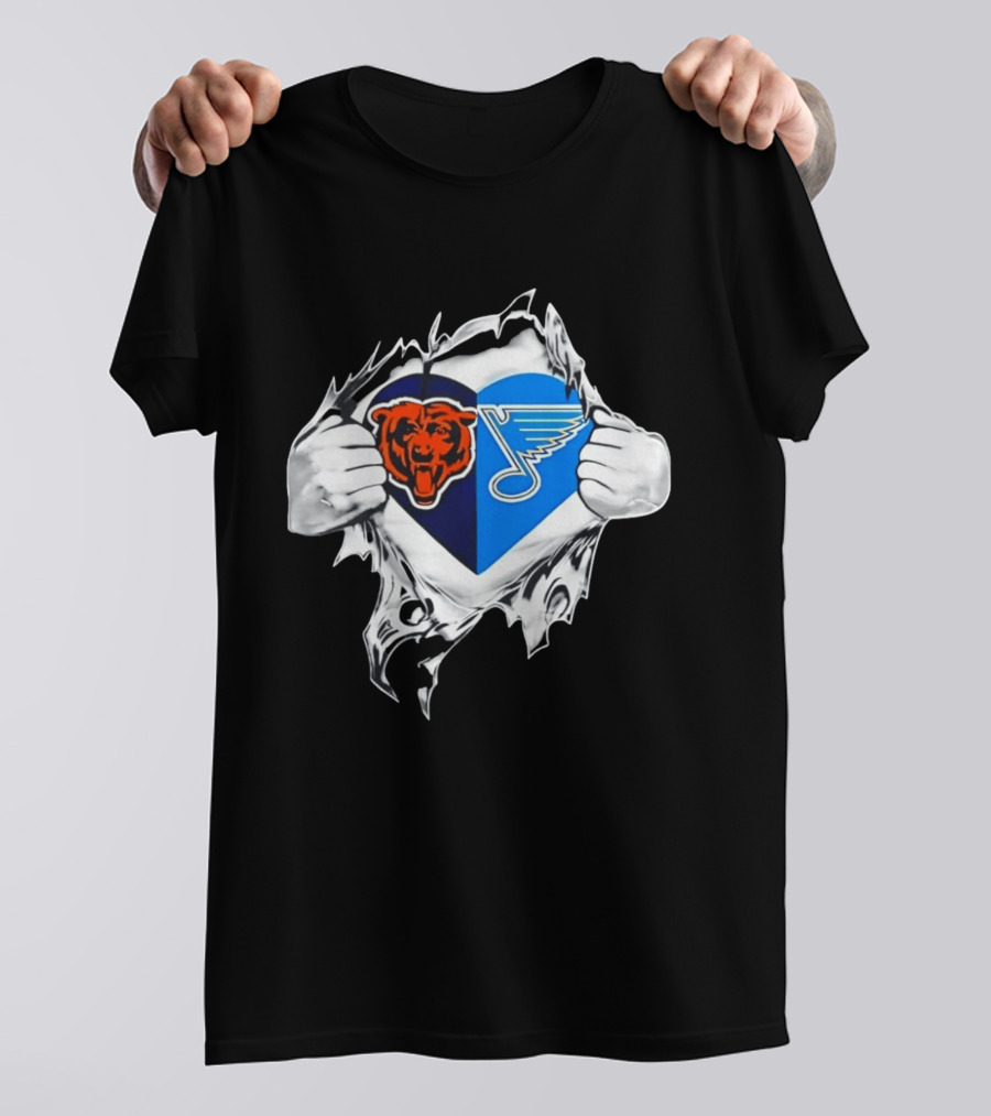 Chicago Bears St Louis Blues Heart Ripping Open Chest Fans Passion Fusion T-Shirt