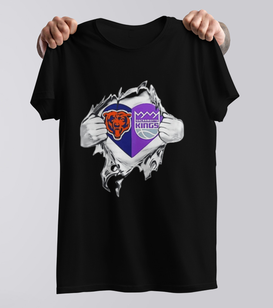Heart Rip Chicago Bears Sacramento Kings Fan Logo Combo T-Shirt
