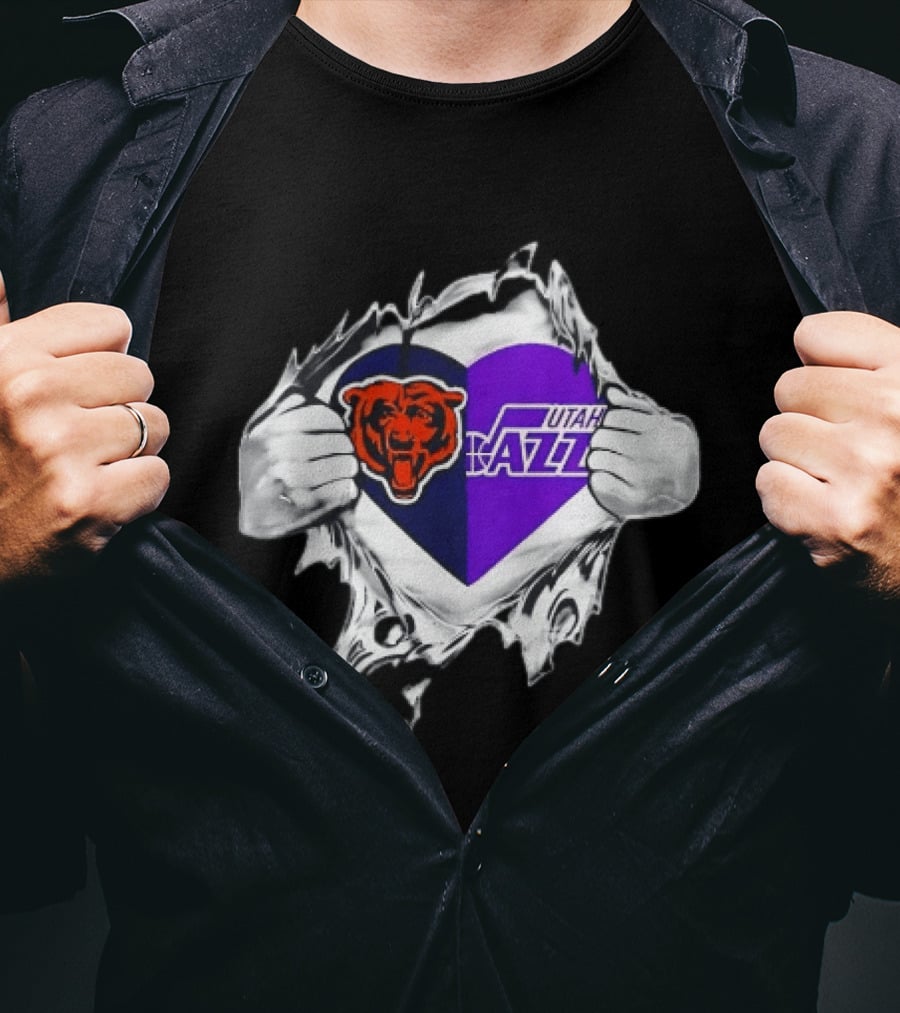 Heart Split Chicago Bears Utah Jazz Team Logos T-Shirt