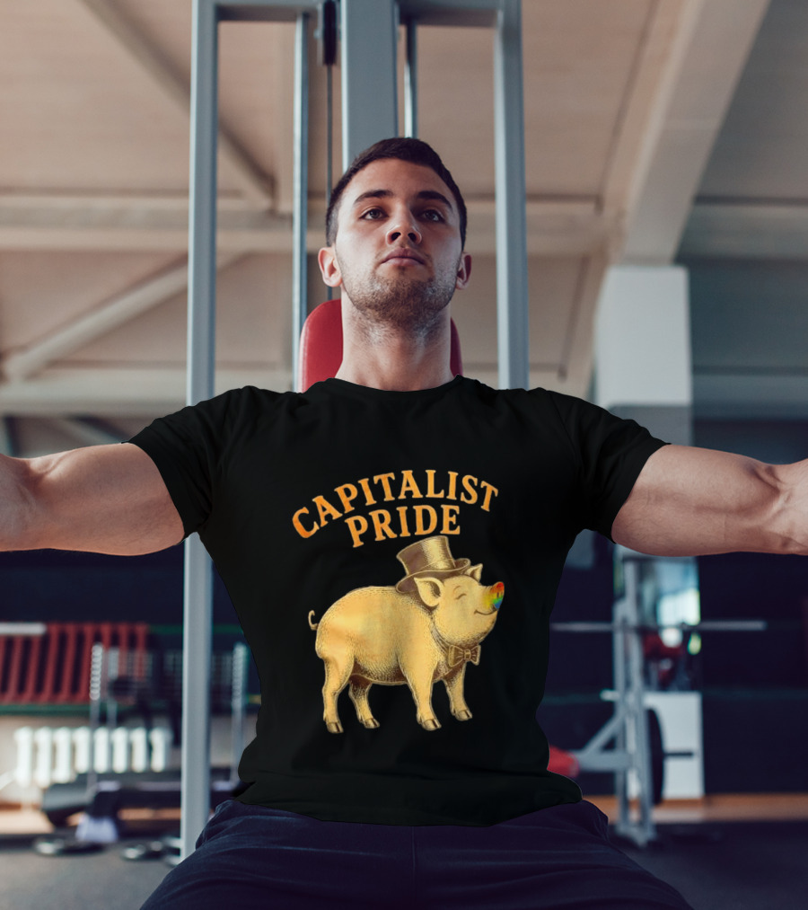Capitalist Pride Pig With Rainbow Nose And Top Hat Bow Tie T-Shirt