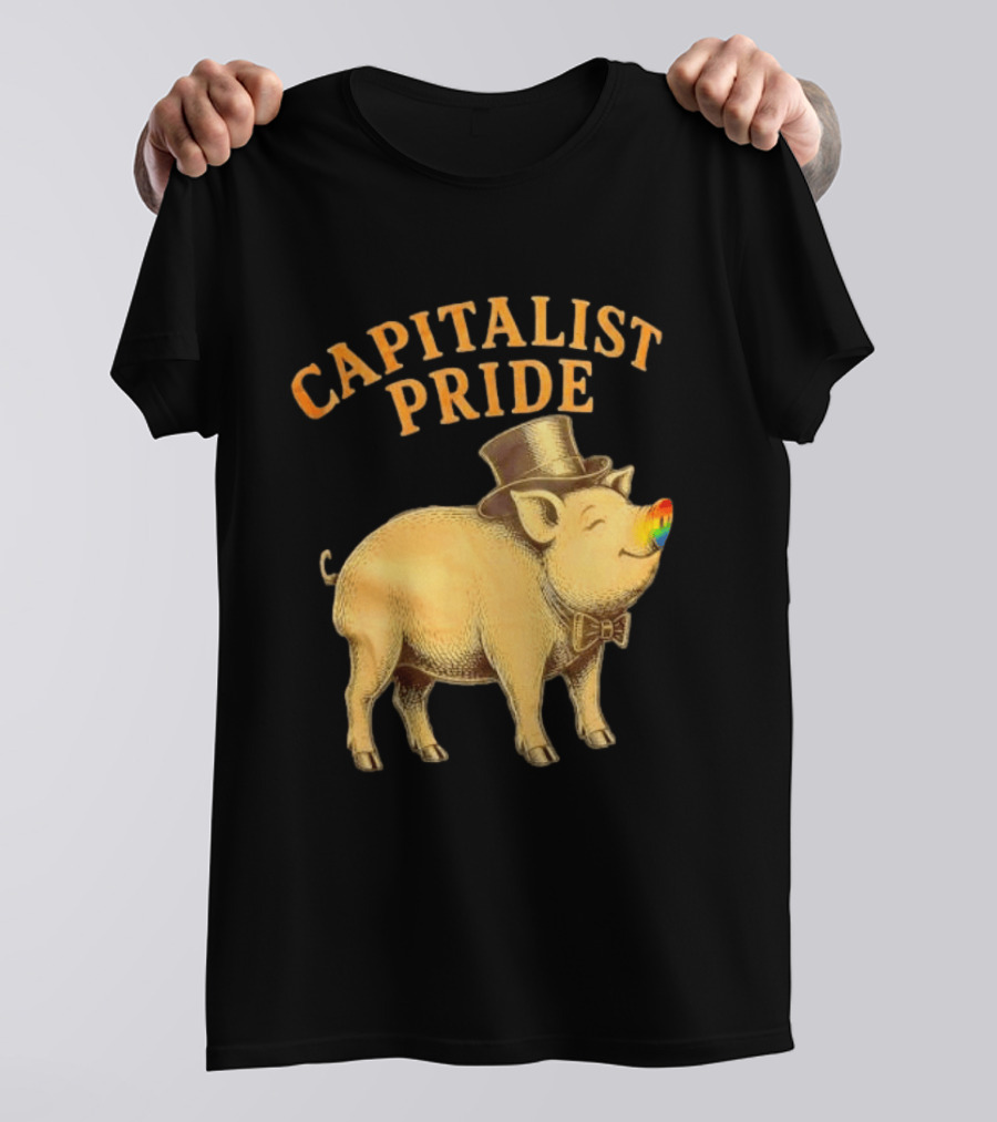Capitalist Pride Pig With Rainbow Nose And Top Hat Bow Tie T-Shirt