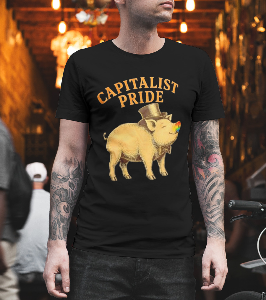 Capitalist Pride Pig With Rainbow Nose And Top Hat Bow Tie T-Shirt