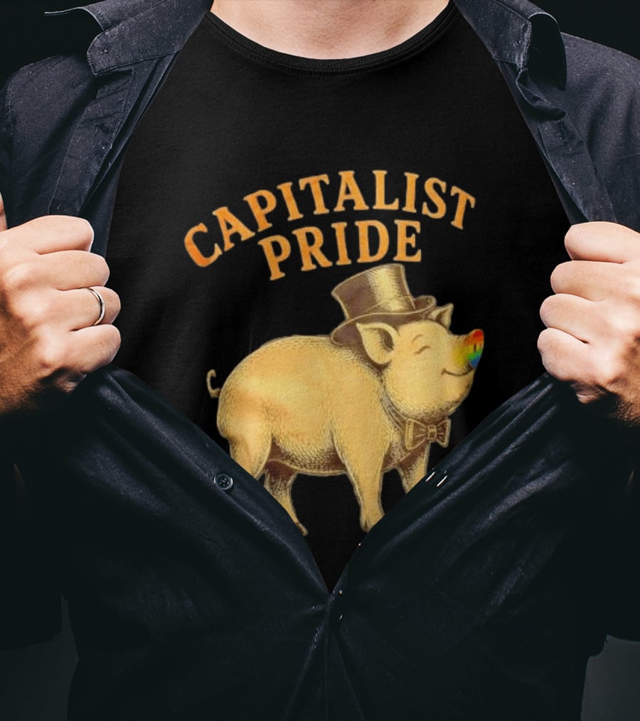 Capitalist Pride Pig With Rainbow Nose And Top Hat Bow Tie T-Shirt