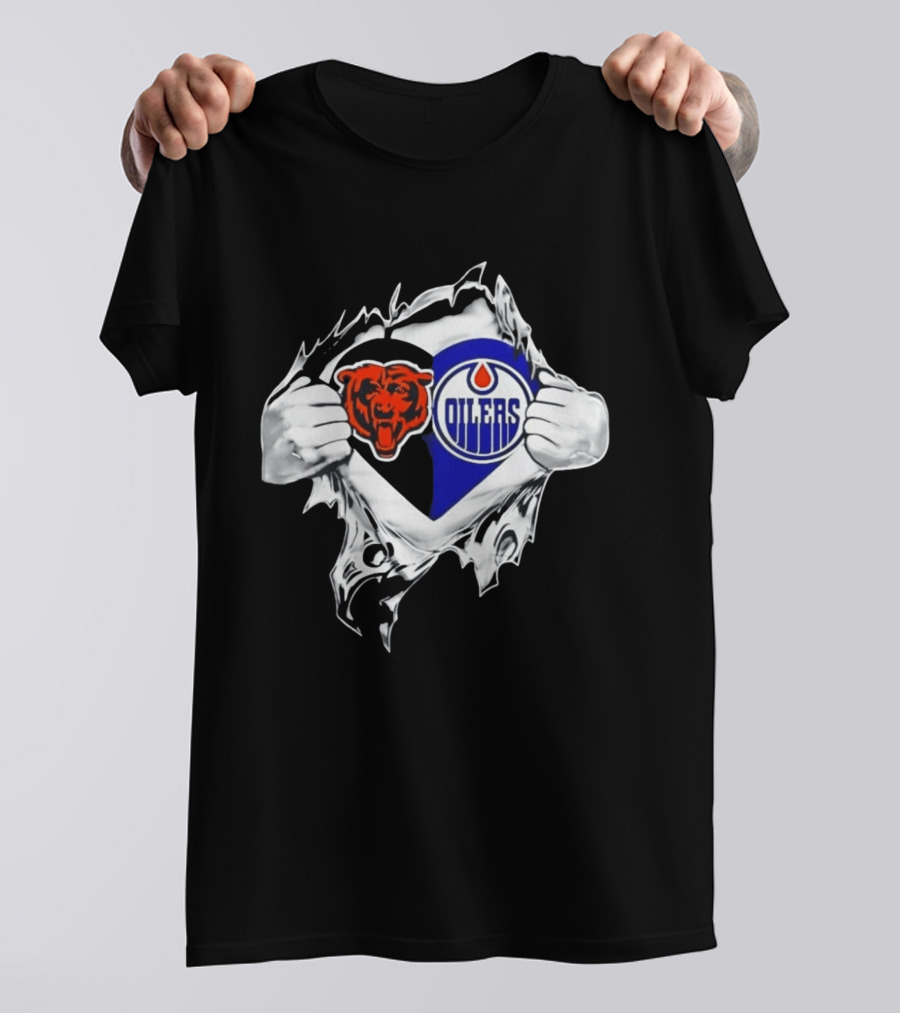 Chicago Bears And Edmonton Oilers Logo Heart Tear T-Shirt