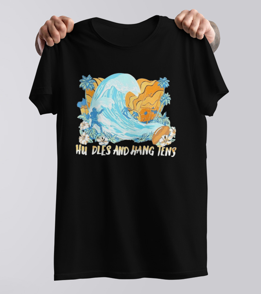 Los Angeles Chargers Tommy Bahama Huddle And Hang Tens Tropical Wave Football Scene T-Shirt