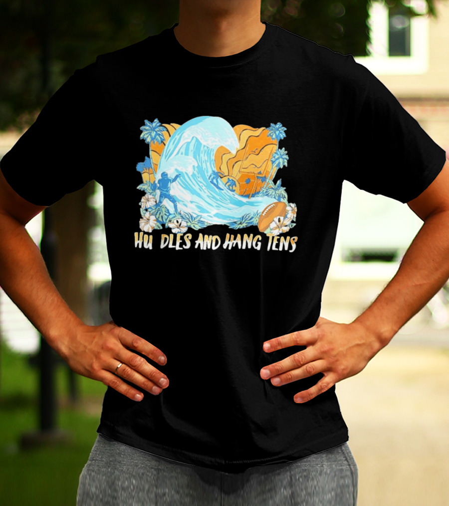 Los Angeles Chargers Tommy Bahama Huddle And Hang Tens Tropical Wave Football Scene T-Shirt